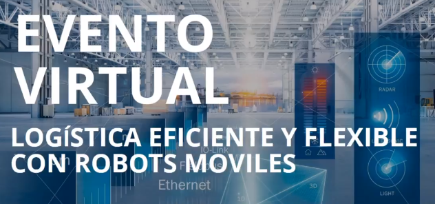 Cartel del evento virtual sobre logística eficiente y flexible con robots móviles